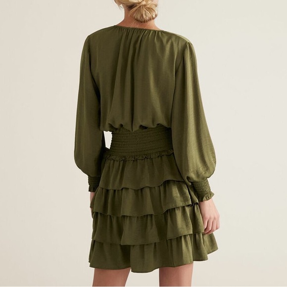 SEED HERITAGE Khaki Green Tiered Frill Long Sleeve Mini Dress - Picture 3 of 13